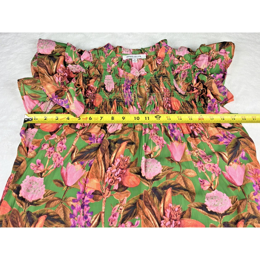 Rose + Olive Womens XS Green Pink Floral Smocked Ruffle Sleeve Blouse Romantic - Picture 10 of 10